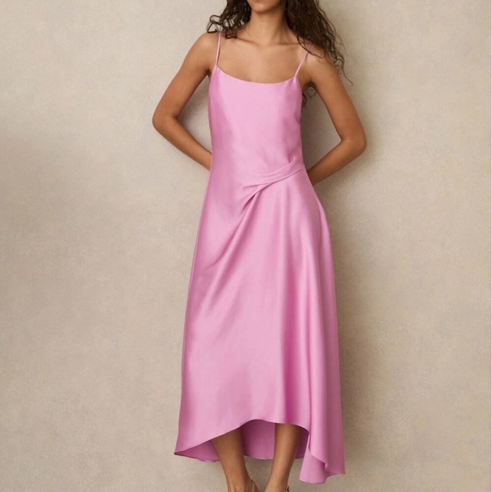 Reiss Pink Satin Drape Detail Zoey Slip Midi Dress 12